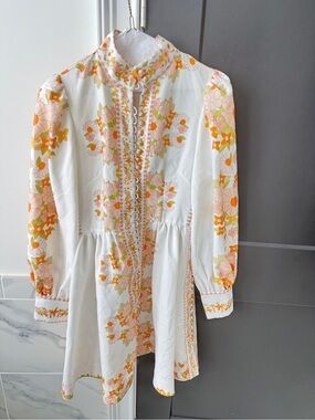 Beulah Cream Floral Button-Up Casual Mini Dress with Orange and Pink Blooms